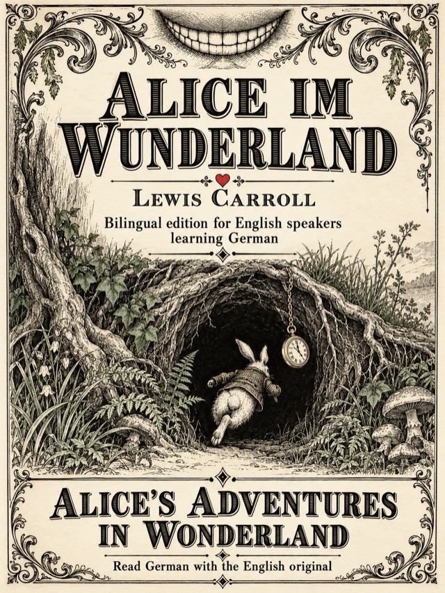 Covers of Alice's Adventures in Wonderland: Learn German · English alongside; Learn French · English alongside; Learn Spanish · English alongside