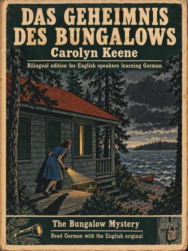 Covers of The Bungalow Mystery: Learn German · English alongside; Learn French · English alongside; Learn Spanish · English alongside