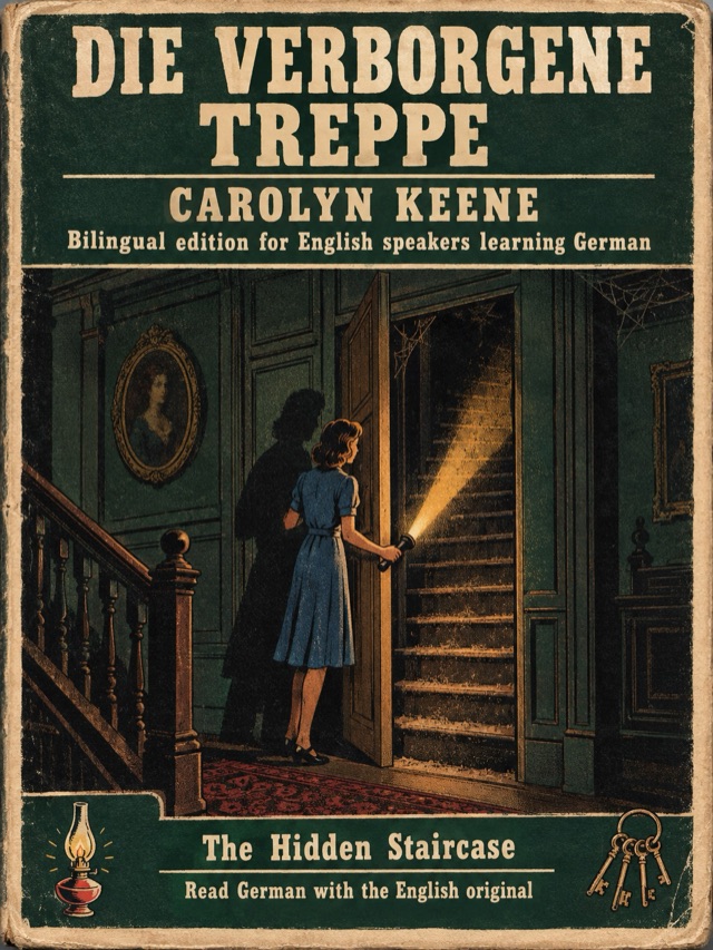 Covers of The Hidden Staircase: Learn German · English alongside; Learn French · English alongside; Learn Spanish · English alongside