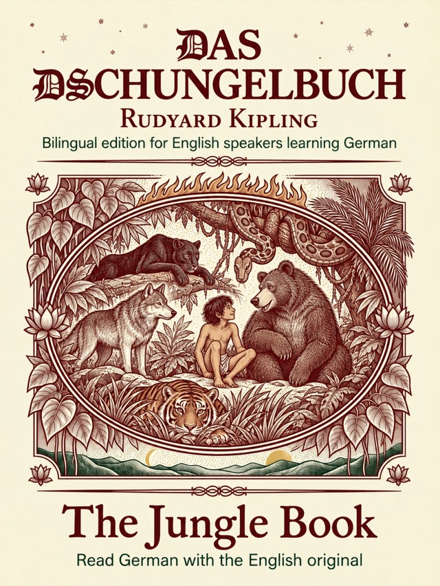 Covers of The Jungle Book: Learn German · English alongside; Learn French · English alongside; Learn Spanish · English alongside
