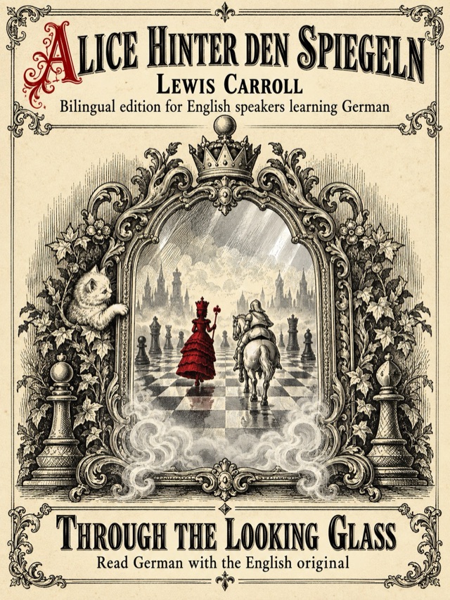 Covers of Through the Looking-Glass: Learn German · English alongside; Learn French · English alongside; Learn Spanish · English alongside