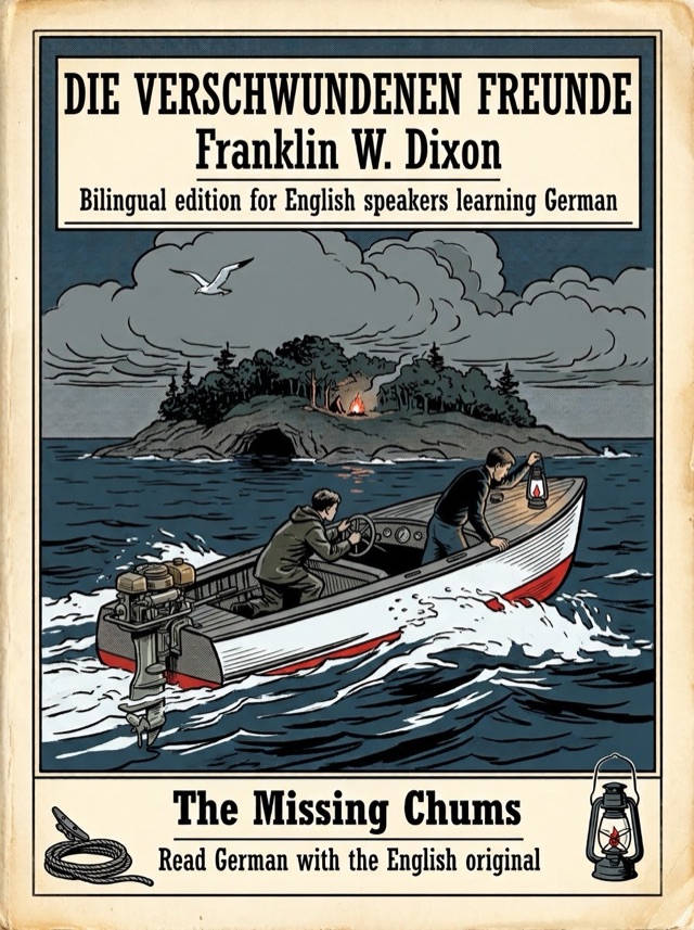 Covers of The Missing Chums: Learn German · English alongside; Learn French · English alongside; Learn Spanish · English alongside