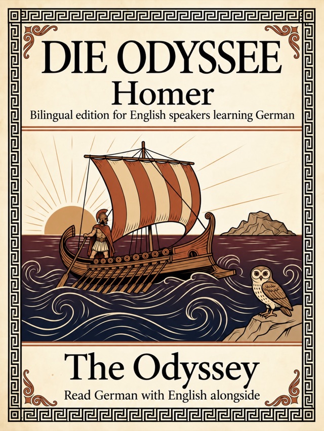 Covers of The Odyssey: Learn German · English alongside; Learn French · English alongside; Learn Spanish · English alongside
