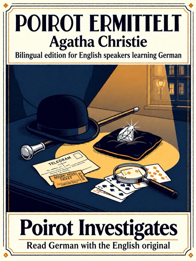 Covers of Poirot Investigates: Learn German · English alongside; Learn French · English alongside; Learn Spanish · English alongside