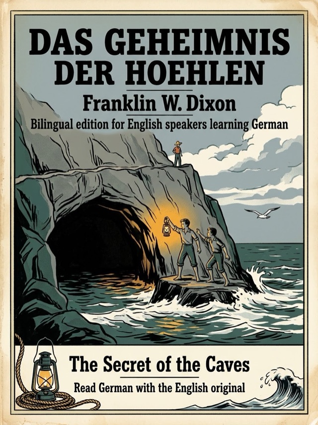 Covers of The Secret of the Caves: Learn German · English alongside; Learn French · English alongside; Learn Spanish · English alongside