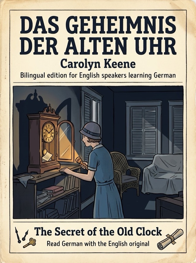 Covers of The Secret of the Old Clock: Learn German · English alongside; Learn French · English alongside; Learn Spanish · English alongside