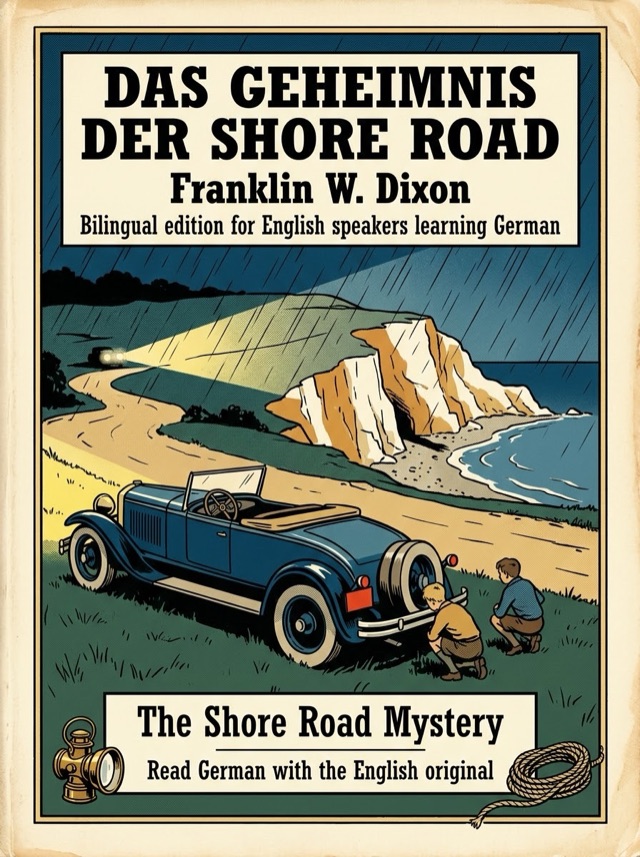 Covers of The Shore Road Mystery: Learn German · English alongside; Learn French · English alongside; Learn Spanish · English alongside