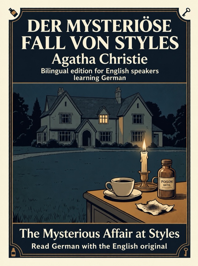 Covers of The Mysterious Affair at Styles: Learn German · English alongside; Learn French · English alongside; Learn Spanish · English alongside